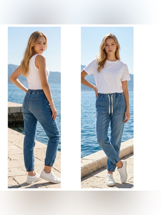 Berkley Jensen Denim - Berkley Jensen Women's Sz M pull on Drawstring Jogger Jeans patch pockets